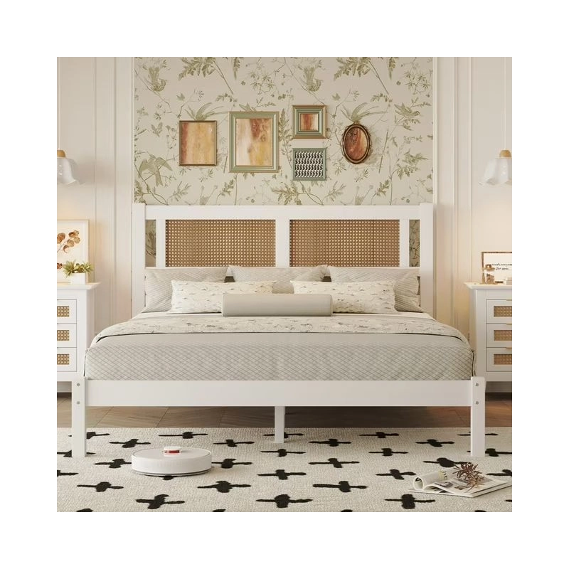 Modern White Wood and Rattan Headboard Bed Frame Modern White Wood and Rattan Headboard Bed Frame