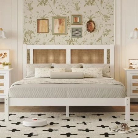 Modern White Wood and Rattan Headboard Bed Frame