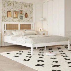 White Wood Bed Frame with Rattan Headboard | Modern Bedroom Furniture