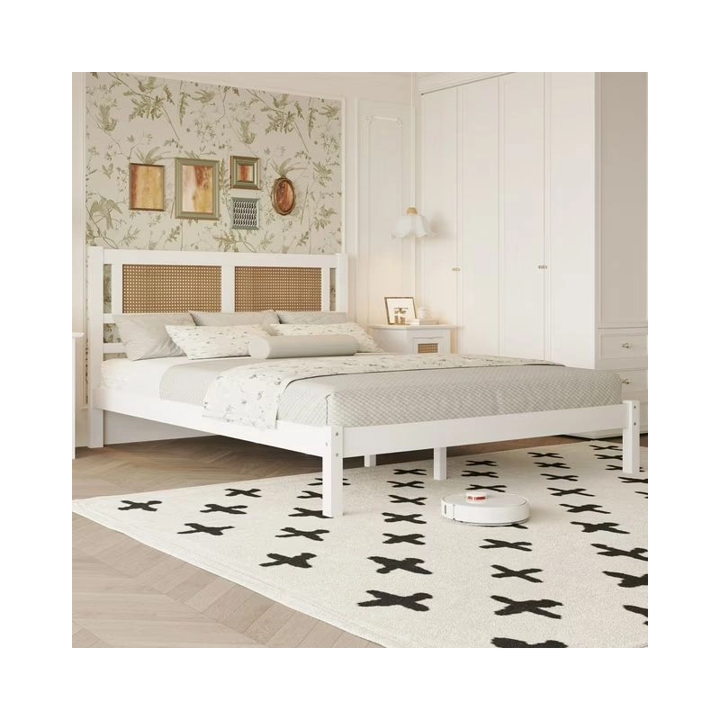 White Wood Bed Frame with Rattan Headboard | Modern Bedroom Furniture White Wood Bed Frame with Rattan Headboard | Modern Bedroom Furniture