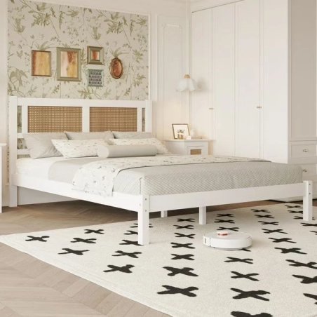 White Wood Bed Frame with Rattan Headboard | Modern Bedroom Furniture
