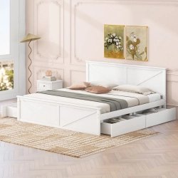 White Wood Storage Bed Frame with Four Drawers