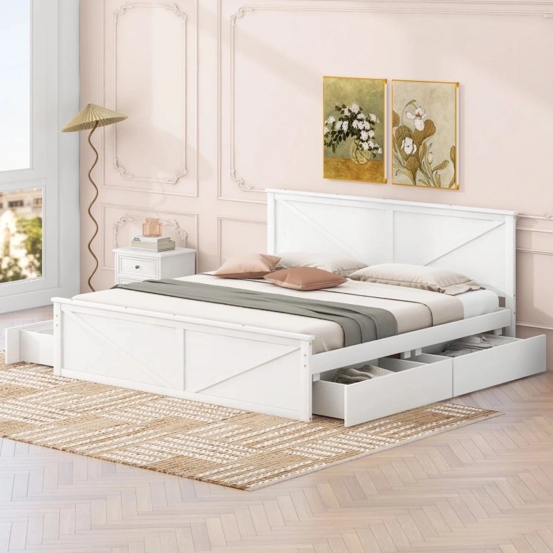 White Wood Storage Bed Frame with Four Drawers White Wood Storage Bed Frame with Four Drawers