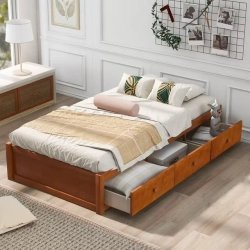 Modern Wooden Bed Frame with Integrated Storage Drawers