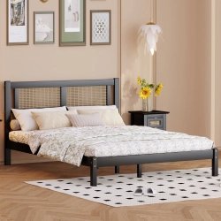 Transitional Black Wood Bed Frame with Natural Rattan Headboard