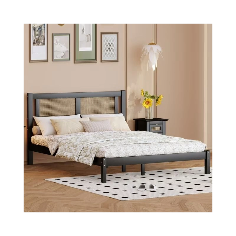 Modern Black Wood Bed Frame with Natural Rattan Headboard