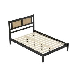 Modern Black Wood Rattan Panel Bed Frame