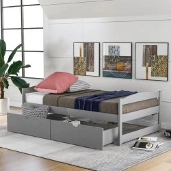 Minimalist Modern Twin Bed Frame with Storage Drawers, Grey Wood Finish