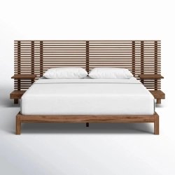 Solid Wood Bed Frame with Integrated Slatted Headboard and Nightstands