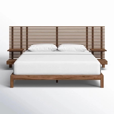 Solid Wood Bed Frame with Integrated Slatted Headboard and Nightstands