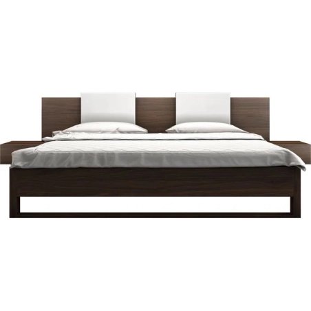 Modern Minimalist Platform Wood Bed with Integrated Nightstands and White Headboard