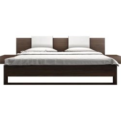 Modern Minimalist Platform Wood Bed with Integrated Nightstands and White Headboard