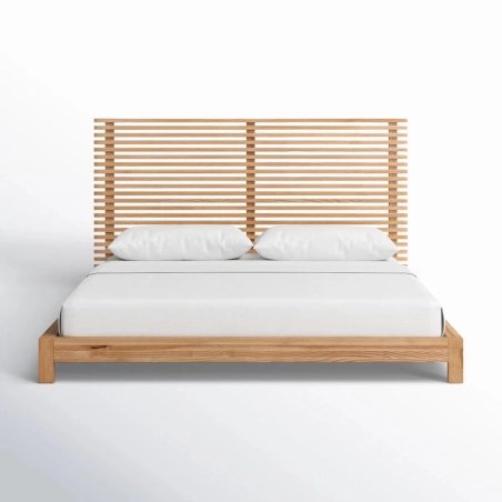 Modern Solid Wood Bed Frame with Slatted Headboard