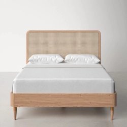 Solid Wood Bed Frame with Natural Rattan Headboard