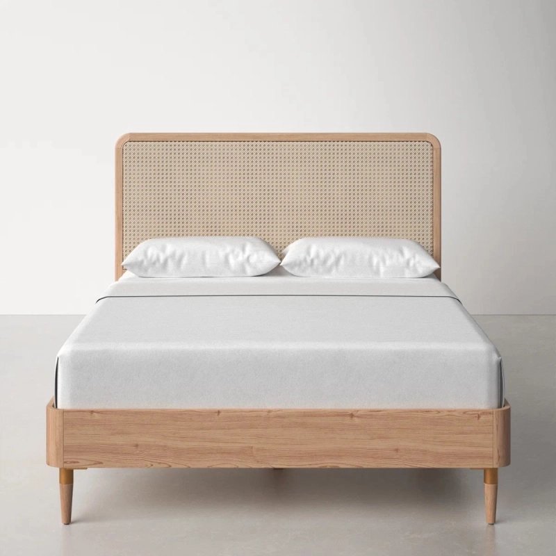 Solid Wood Bed Frame with Natural Rattan Headboard Solid Wood Bed Frame with Natural Rattan Headboard