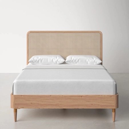 Solid Wood Bed Frame with Natural Rattan Headboard