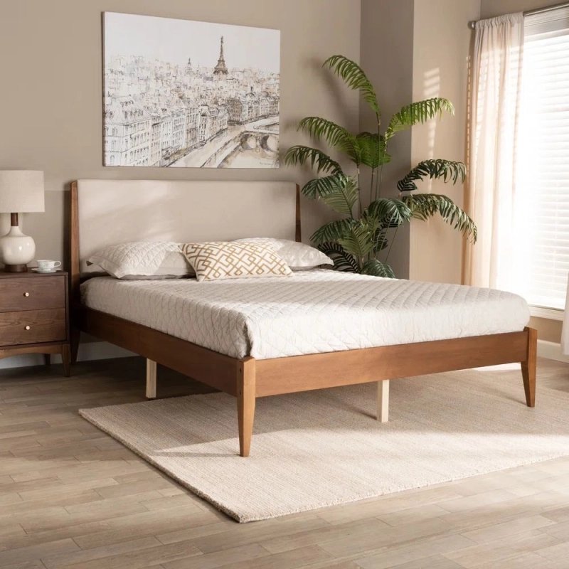 Mid-Century Modern Solid Wood Bed Frame with Upholstered Headboard Mid-Century Modern Solid Wood Bed Frame with Upholstered Headboard