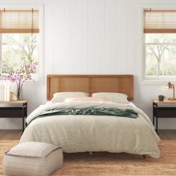 Minimalist Mid-century Modern Bed Frame with Natural Cane Headboard