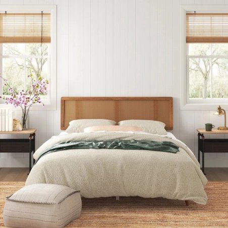 Minimalist Mid-century Modern Bed Frame with Natural Cane Headboard