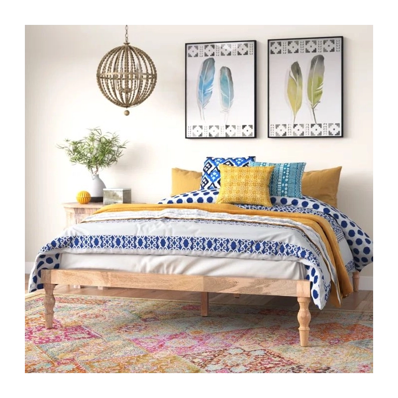Bohemian Style Solid Wood Bed Frame with Turned Legs Natural Finish Bohemian Style Solid Wood Bed Frame with Turned Legs Natural Finish