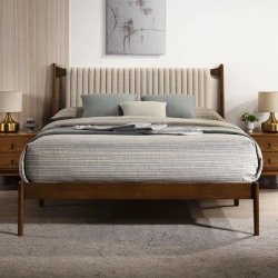 Mid-Century Modern Wood Bed Frame with Upholstered Headboard