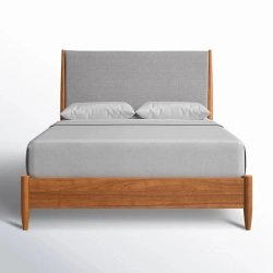 Mid-Century Modern Wood Bed Frame with Gray Upholstered Headboard
