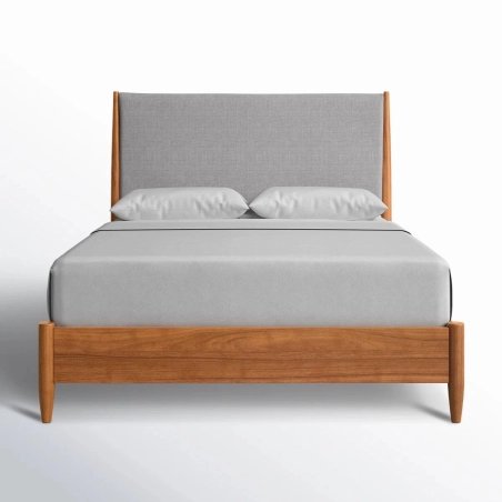 Mid-Century Modern Wood Bed Frame with Gray Upholstered Headboard