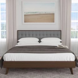 Mid-Century Modern Platform Bed Frame with Fabric Tufted Headboard
