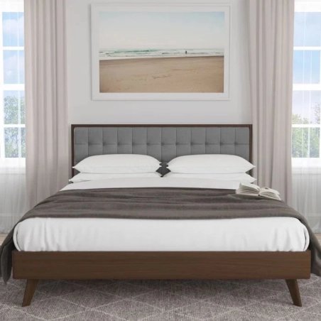 Mid-Century Modern Platform Bed Frame with Fabric Tufted Headboard