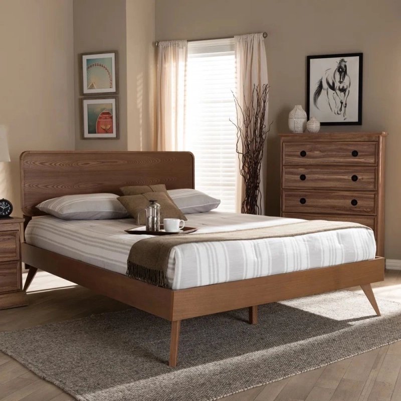 Mid-Century Modern Wood Platform Bed Frame with Headboard Mid-Century Modern Wood Platform Bed Frame with Headboard