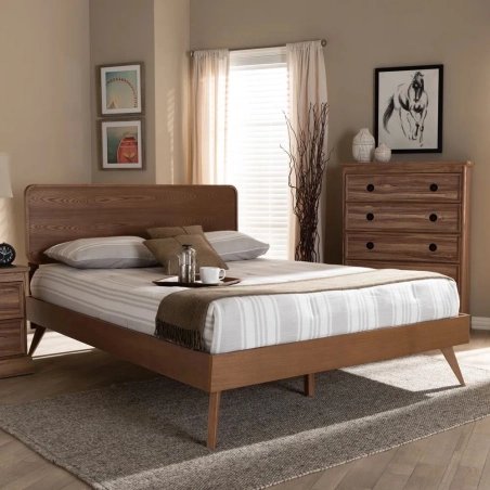 Mid-Century Modern Wood Platform Bed Frame with Headboard