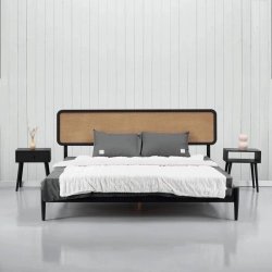 Modern Minimalist Bed Frame with Rattan Headboard