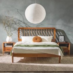 Solid Wood Mid-Century Modern Platform Bed Frame with Slat Headboard