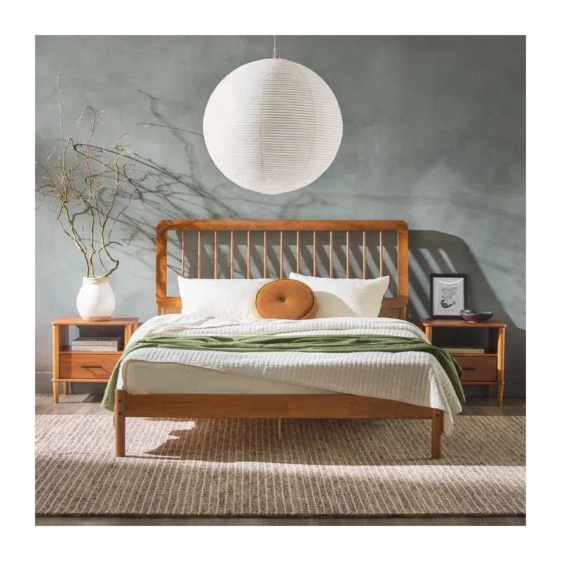Solid Wood Mid-Century Modern Platform Bed Frame with Slat Headboard