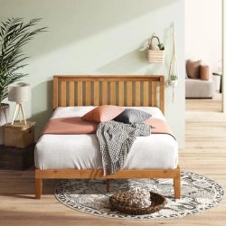 Natural Solid Wood Bed Frame with Slatted Headboard | Minimalist Bedroom Furniture