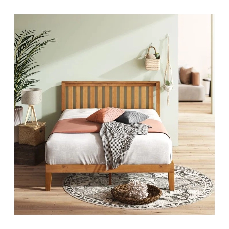 Natural Solid Wood Bed Frame with Slatted Headboard | Minimalist Bedroom Furniture Natural Solid Wood Bed Frame with Slatted Headboard | Minimalist Bedroom Furniture