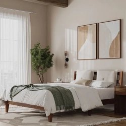 Modern Minimalist Solid Wood Bed Frame with Headboard Queen Size