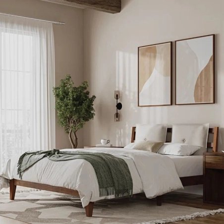 Modern Minimalist Solid Wood Bed Frame with Headboard Queen Size