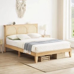 Natural Wood and Rattan Arch Headboard Platform Bed Frame