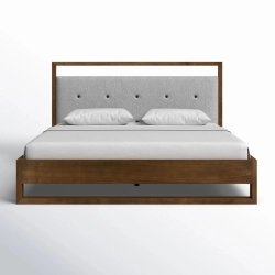 Modern Wooden Frame Bed with Grey Tufted Headboard