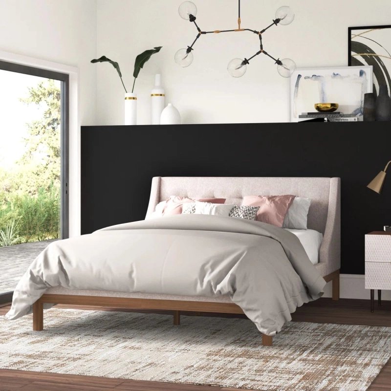 Modern Fabric Upholstered Headboard Bed Frame with Wood Base