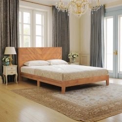Solid Wood Bed Frame with Geometric Headboard Modern Natural Finish