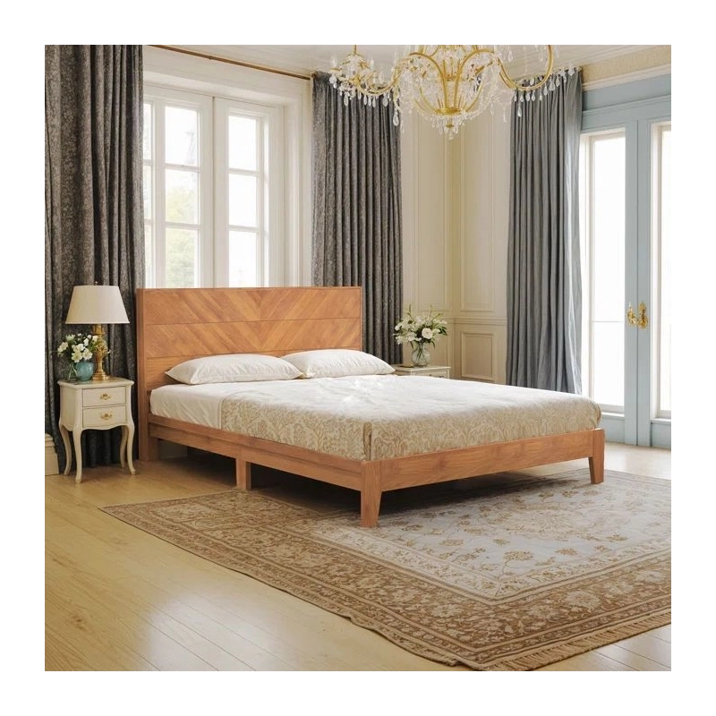 Solid Wood Bed Frame with Geometric Headboard Modern Natural Finish Solid Wood Bed Frame with Geometric Headboard Modern Natural Finish