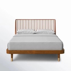 Mid-Century Modern Solid Wood Platform Bed with Slat Headboard