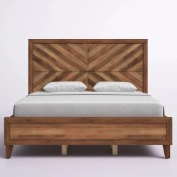 Solid Wood Platform Bed Frame with Geometric Headboard