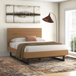 Modern Platform Bed Frame with Wood Headboard and Metal Legs