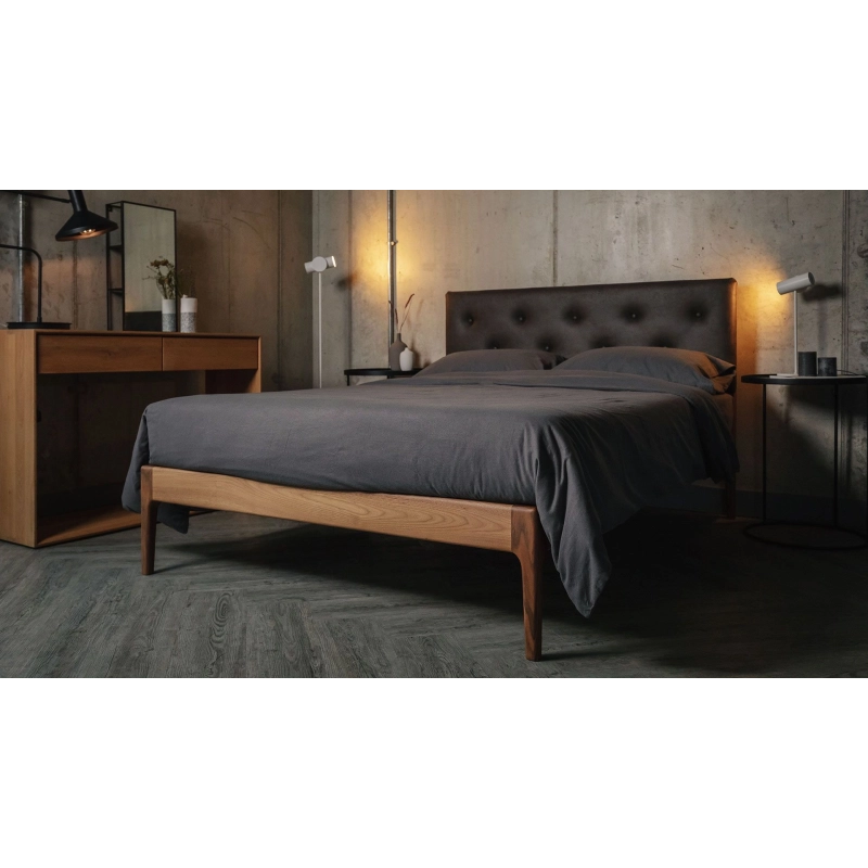 Modern Wooden Bed Frame with Upholstered Tufted Headboard
