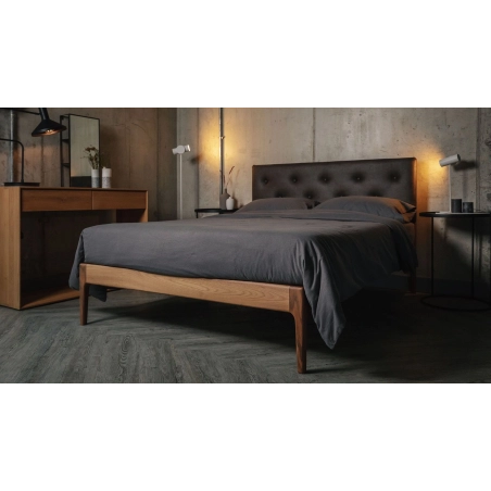 Modern Wooden Bed Frame with Upholstered Tufted Headboard