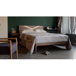 Modern Wooden Bed Frame with Geometric Inlay Headboard