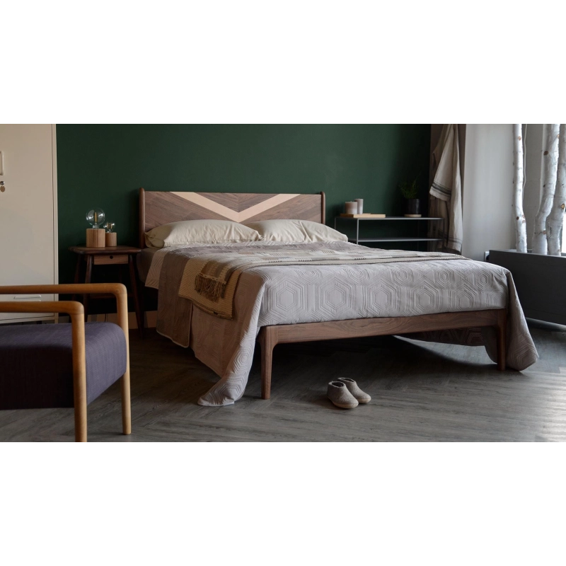 Modern Wooden Bed Frame with Geometric Inlay Headboard Modern Wooden Bed Frame with Geometric Inlay Headboard